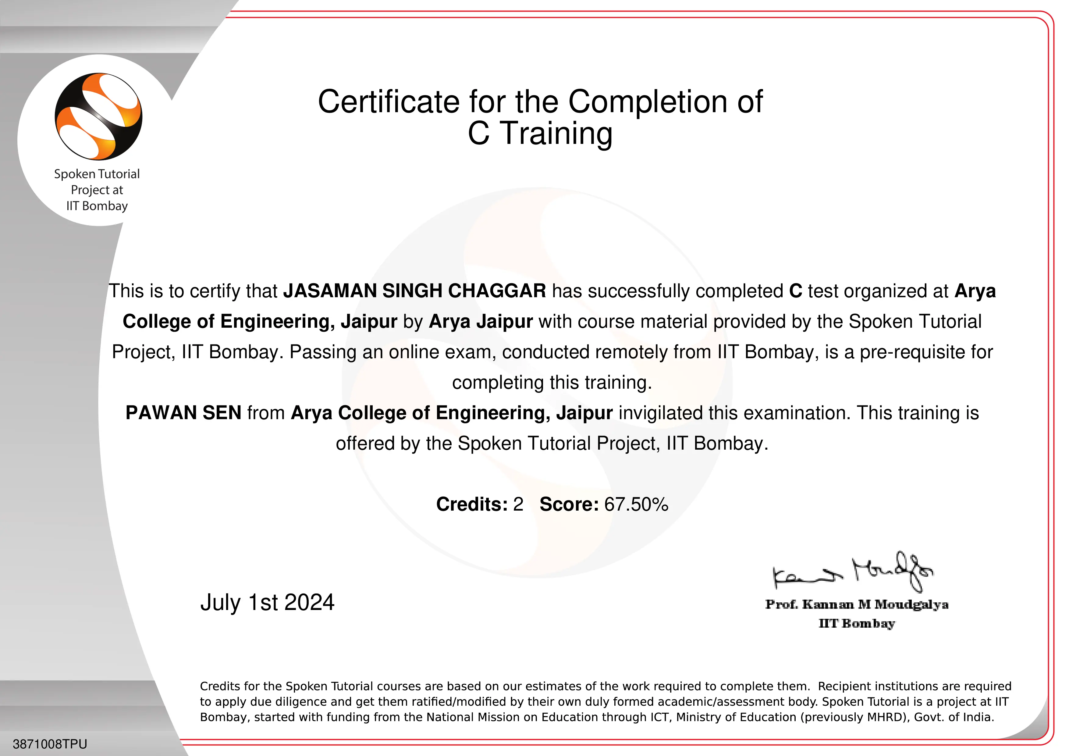 Certificate for the Completion of C Training